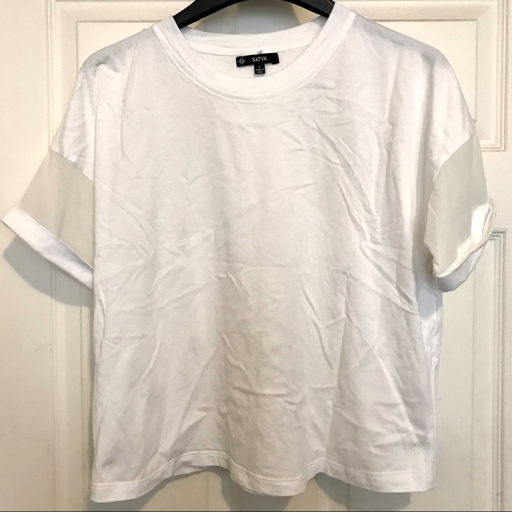 Satva White Short Sleeve Top - Large, Sheer / Mesh Accents